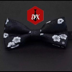 Mens black and white flowers bow tie wedding tie